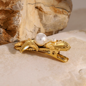 1 Paire De Pinces À Cheveux Pour Femmes, Série Simple, Style Tortue, En Acier Inoxydable Plaqué Or , Avec Perles Artificielles h5 Image3