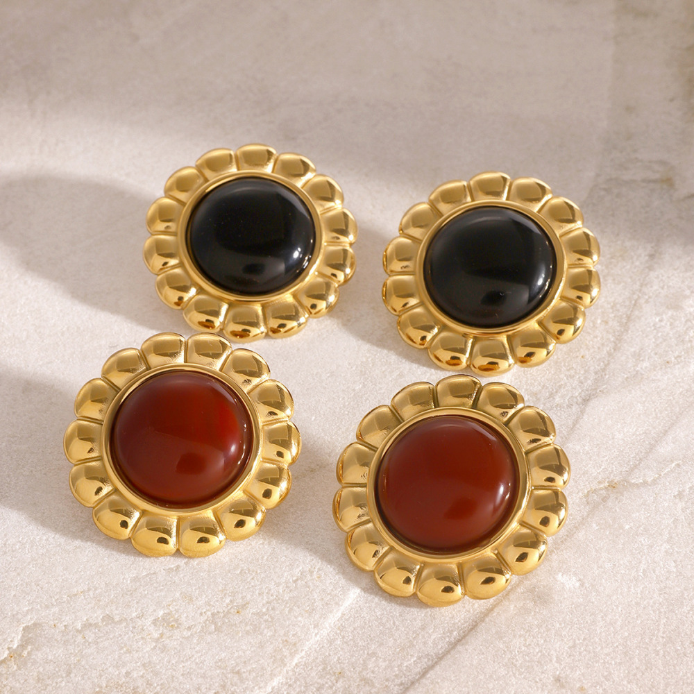 1 Paire De Boucles D'Oreilles À Clous Rétro En Acier Inoxydable Doré, Imperméables, À Motif Floral h5Image3