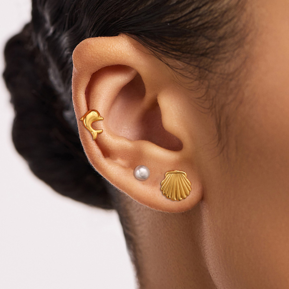 1 Paire De Boucles D'Oreilles Simples Pour Femmes, Série , Tortue, En Acier Inoxydable Plaqué Or , Perles Artificielles Image6