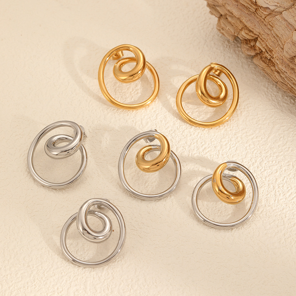 Boucles D'Oreilles Puces Pour Femme, Style Moderne, Forme Spirale Irrégulière, En Acier Inoxydable Doré, Étanches (1 Paire) Image3