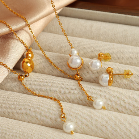 Ensemble de colliers pour femmes, 1 paire, série simple, géométrique, en acier inoxydable plaqué or, perles artificielles