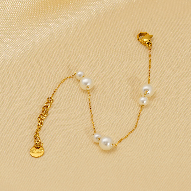 Bracelet Chaîne En Acier Inoxydable Plaqué Or Avec Perles Artificielles Pour Femme, 1 Pièce h5Image5