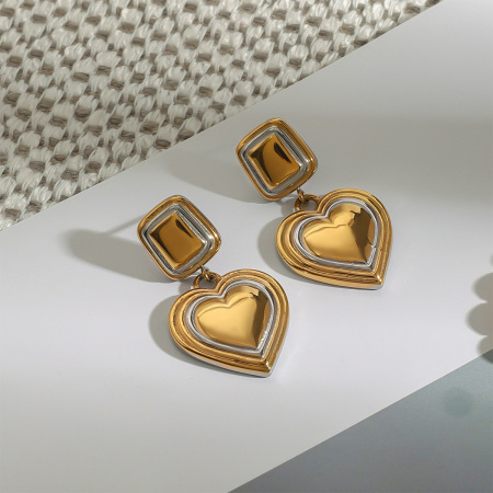 Boucles d'oreilles pendantes pour femme, en acier inoxydable étanche, forme cœur, coloris or et argent, collection classique (1 paire). 2