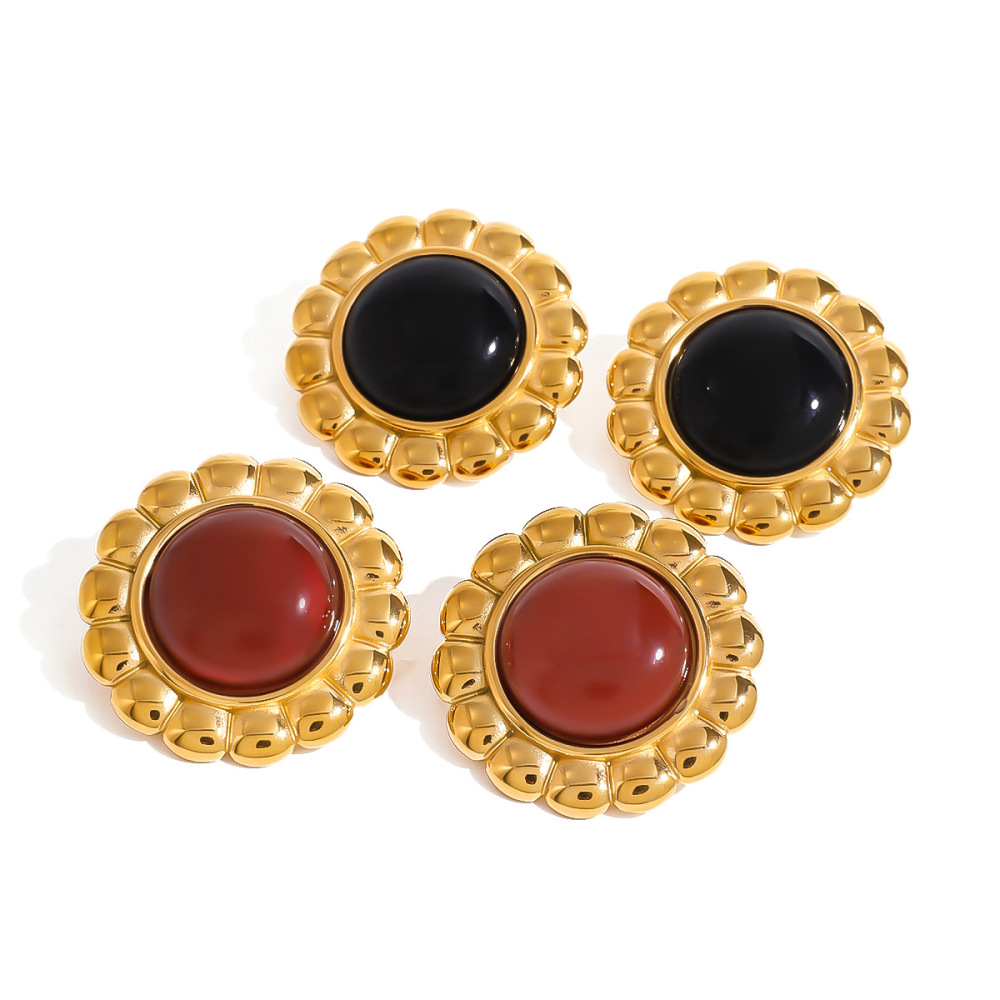 1 Paire De Boucles D'Oreilles À Clous Rétro En Acier Inoxydable Doré, Imperméables, À Motif Floral h5Image4