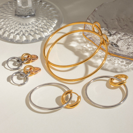 1 paire de boucles d'oreilles créoles géométriques simples en acier inoxydable plaqué or  pour femme 2