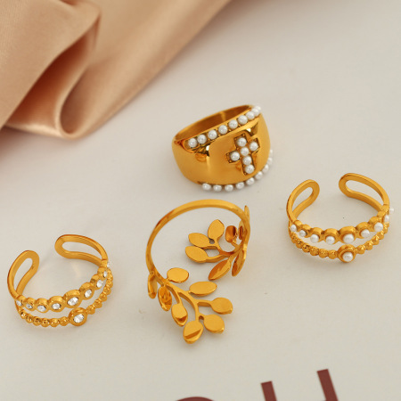 1 paire de bagues ajustables pour femme, série simple, style rétro, croix, en acier inoxydable plaqué or , avec perles artificielles 2