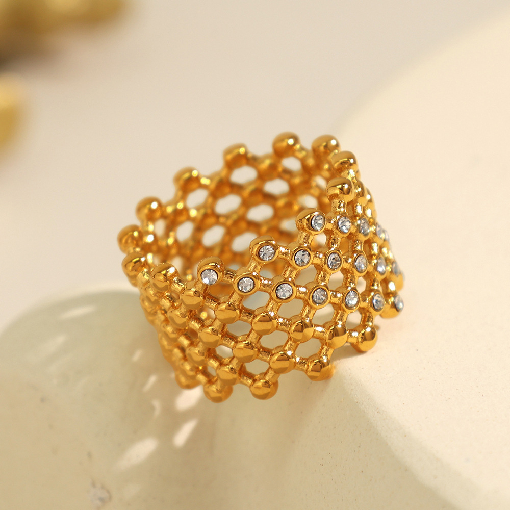 1 Paire De Bagues Simples Géométriques Rétro En Acier Inoxydable Plaqué Or  Avec Strass Pour Femme Image3