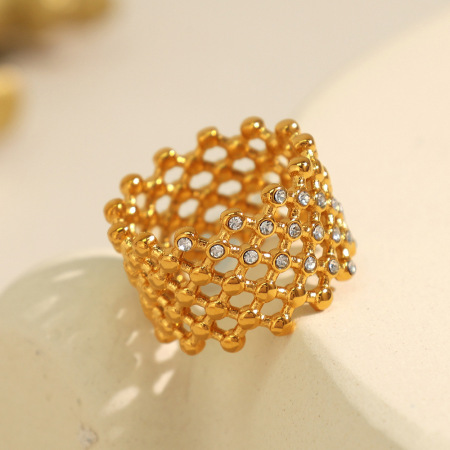 1 paire de bagues simples géométriques rétro en acier inoxydable plaqué or avec strass pour femme 2