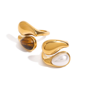 Bague Ajustable Pour Femme, En Acier Inoxydable Doré, Ornée D'Une Pierre Naturelle En Forme De Goutte (1 Pièce), Collection Classique. h5 Image6