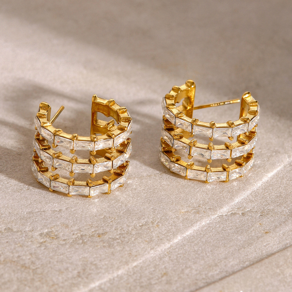 1 Paire De Boucles D'Oreilles À Tige Géométriques Rétro En Acier Inoxydable Plaqué Or  Et Zircon Pour Femme, Série Classique Image2