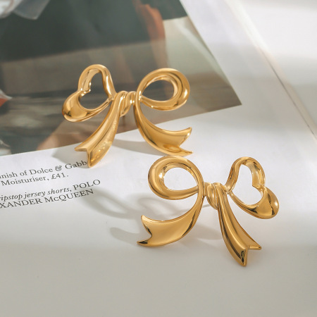 Boucles d'oreilles puces pour femme, collection romantique, forme nœud papillon élégant, en acier inoxydable étanche, couleur or (1 paire). 2