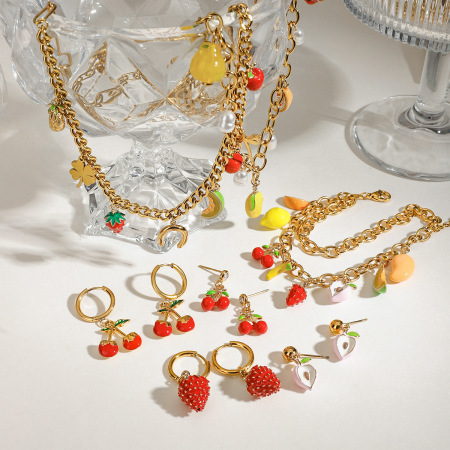 Collier pendentif femme en acier inoxydable, couleur or, motif fruit naturel, série polychrome (1 pièce)