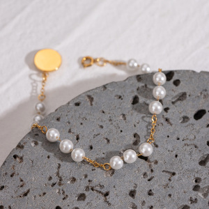 Bracelet De Perles Artificielles Pour Femme, Série Simple, Perles Douces, En Acier Inoxydable Plaqué Or  h5 Image3
