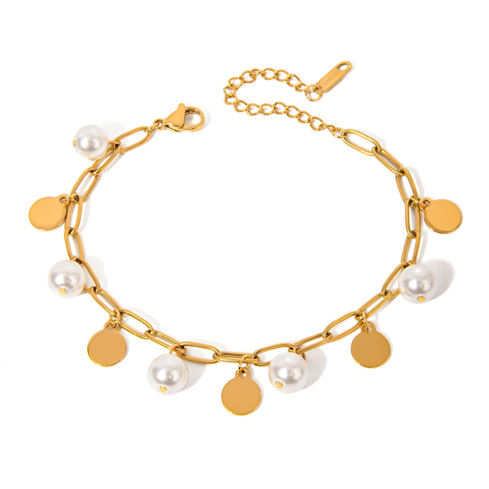 Bracelet À Breloques Géométrique En Acier Inoxydable Plaqué Or  Avec Perles Artificielles Pour Femme, Série Simple, 1 Pièce Image4