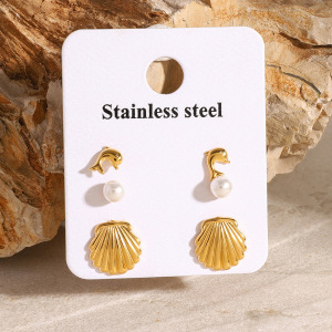 1 Paire De Boucles D'Oreilles Simples Pour Femmes, Série , Tortue, En Acier Inoxydable Plaqué Or , Perles Artificielles h5 Image5