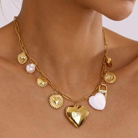 Collier pendentif élégant et chic en forme de cœur, en acier inoxydable étanche, couleur or, pour femme, à faire soi-même (1 pièce) 2