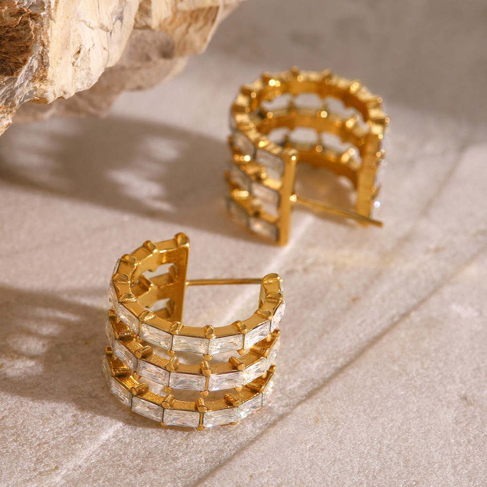 1 Paire De Boucles D'Oreilles À Tige Géométriques Rétro En Acier Inoxydable Plaqué Or  Et Zircon Pour Femme, Série Classique Image3