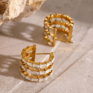 1 Paire De Boucles D'Oreilles À Tige Géométriques Rétro En Acier Inoxydable Plaqué Or  Et Zircon Pour Femme, Série Classique h5 Image3