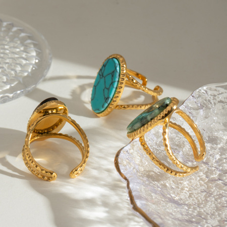 Bague rétro en acier inoxydable avec pierre naturelle et pierres précieuses 2