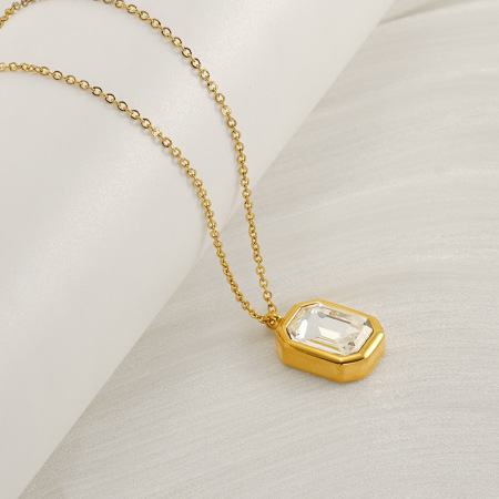 collier pendentif géométrique quotidien en acier inoxydable plaqué or  et zircon pour femme, série simple, 1 pièce 2