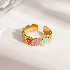 Bague Ajustable Pour Femme, En Acier Inoxydable Doré, Avec Motif Floral Mignon (1 Pièce). h5 Image4