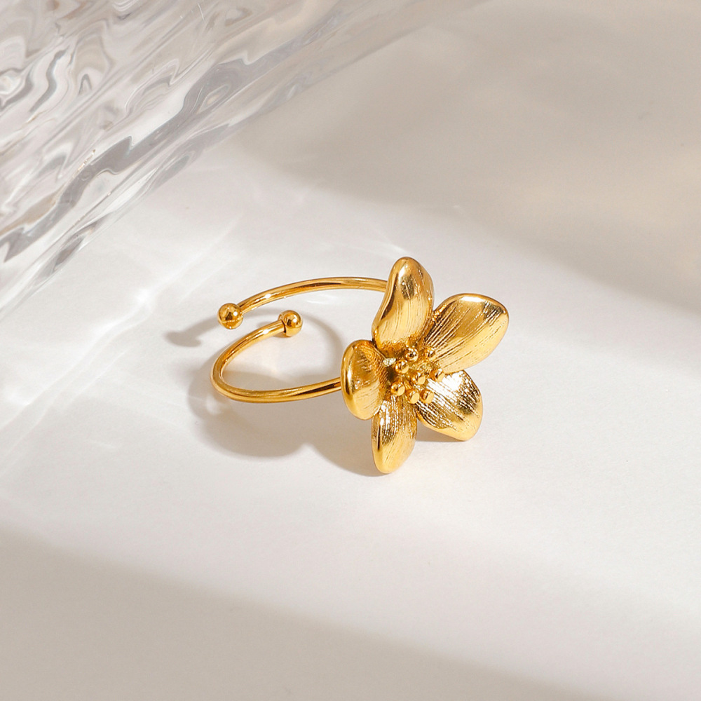 Bague Ajustable Pour Femme, Collection Romantique, Élégante Et Délicate, En Acier Inoxydable Doré, Étanche, Ornée D'Une Fleur. Image5