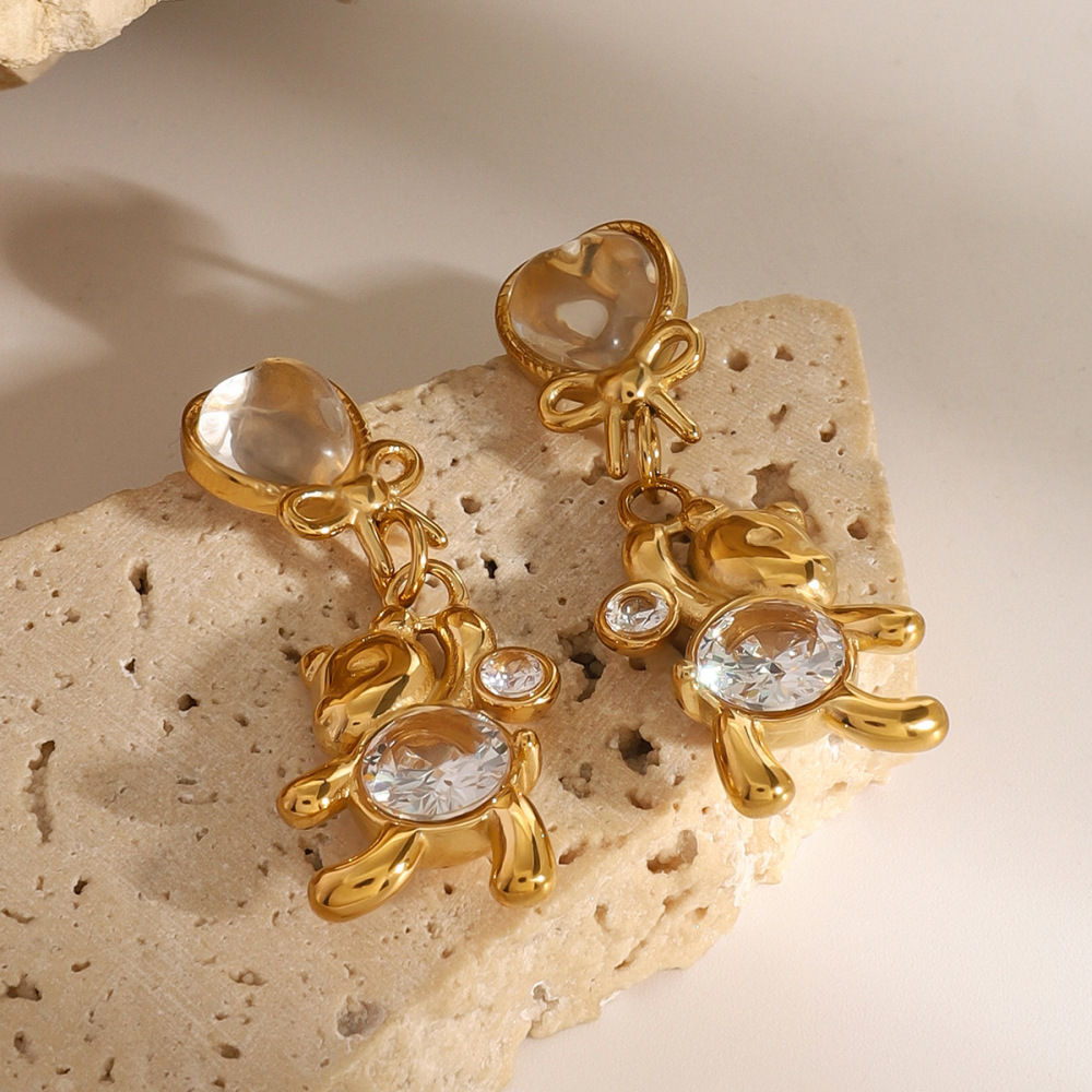 1 Paire De Boucles D'Oreilles Pendantes En Acier Inoxydable Plaqué Or  Avec Zircons Pour Femme, Série Simple, Motif Animal Mignon Image4