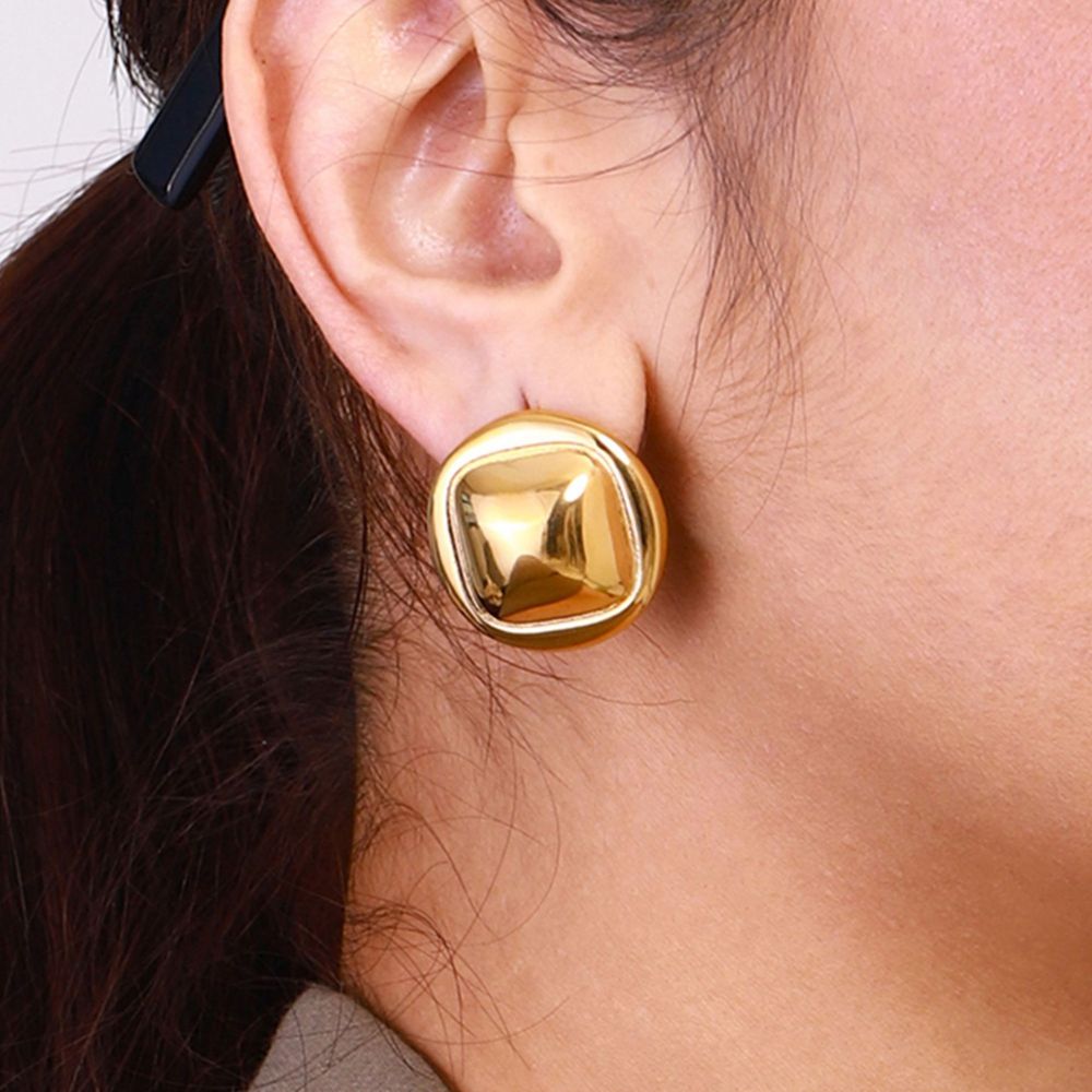 Boucles D'Oreilles Puces Pour Femme, Collection Simple Series, Forme Quadrilatérale Et Annulaire, En Acier Inoxydable Étanche, Couleur Or (1 Paire). Image4