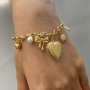 Bracelet À Breloques Pour Femme En Acier Inoxydable Plaqué Or , Style Simple, En Forme D'Amour Ou De Cœur h5 Image2