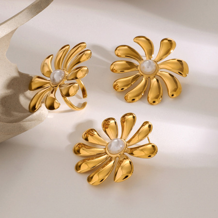 1 paire de boucles d'oreilles rétro en acier inoxydable plaqué or  avec perles artificielles pour femme, série classique