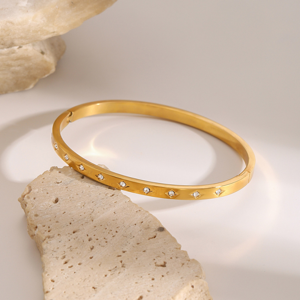 Bracelet Jonc Moderne Et Simple, Rond Et Annulaire, En Acier Inoxydable Imperméable, Couleur Or, Pour Femme (1 Pièce) Image2