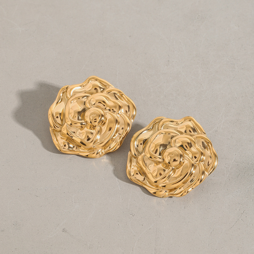 Boucles D'Oreilles Puces Pour Femme, Collection Romantique, Motif Fleurs Magnifiques, En Acier Inoxydable Étanche, Couleur Or (1 Paire). h5Image2