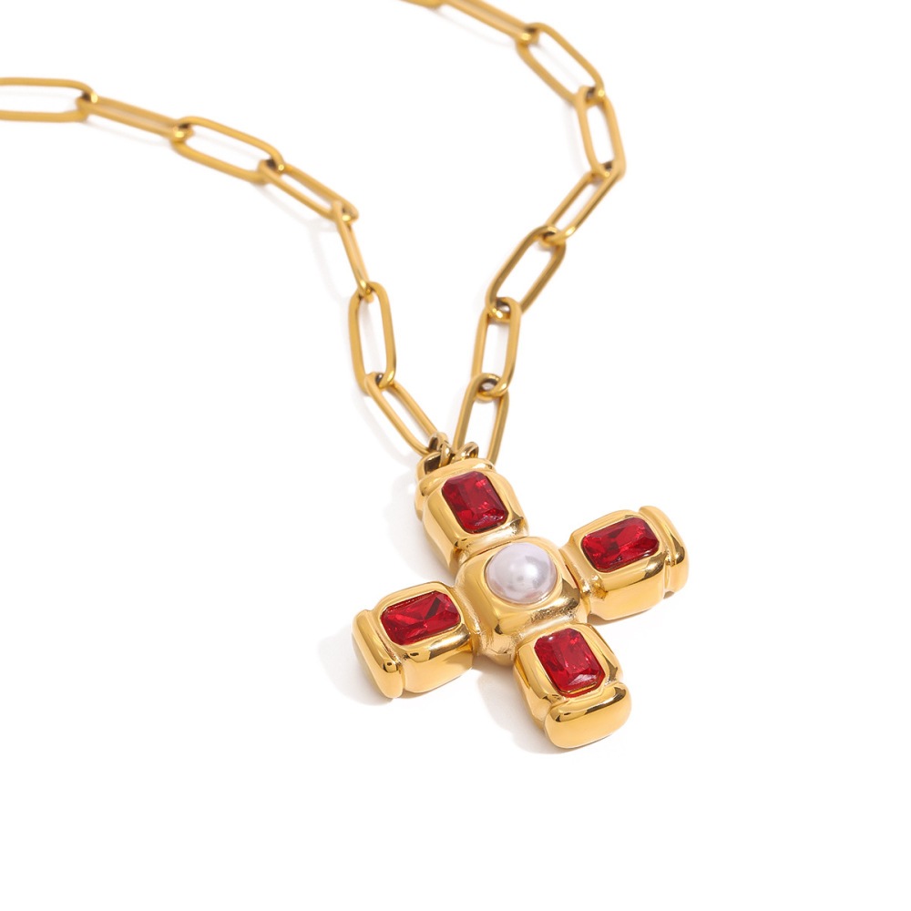 Collier Pendentif Femme En Acier Inoxydable Doré, Forme Croix, Étanche, 1 Pièce, Collection Luxueuse Image5