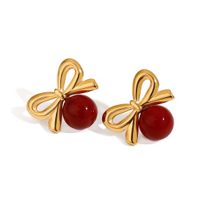 1 Paire De Boucles D'Oreilles Puces Pour Femme, Style Rétro Nœud Papillon, Sphère Rouge, En Acier Inoxydable Étanche Couleur Or. h5 Image6