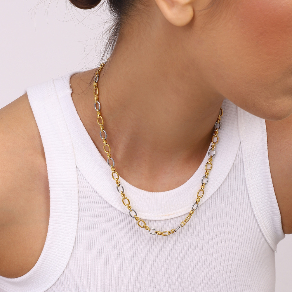 Collier Chaîne Sophistiquée Moderne En Acier Inoxydable, Étanche, Coloris Or Et Argent, Pour Femme (1 Pièce) Image9