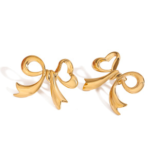 Boucles D'Oreilles Puces Pour Femme, Collection Romantique, Forme Nœud Papillon Élégant, En Acier Inoxydable Étanche, Couleur Or (1 Paire). h5 Image6