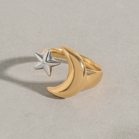 Bague simple pour femme, motif lune et étoile, en acier inoxydable étanche, coloris or et argent, collection classique.