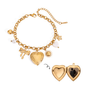 Bracelet À Breloques Pour Femme En Acier Inoxydable Plaqué Or , Style Simple, En Forme D'Amour Ou De Cœur h5 Image5