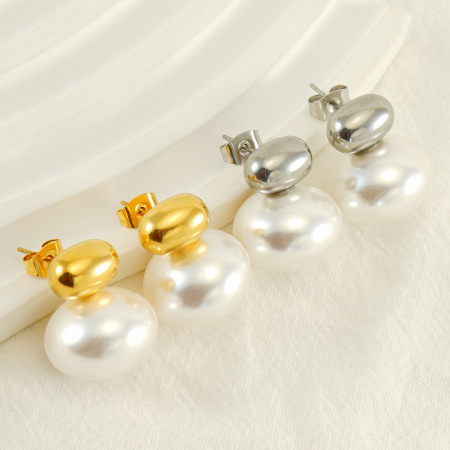1 paire de boucles d'oreilles à tige rétro en acier inoxydable plaqué or  avec perles pour femme, série luxueuse 2