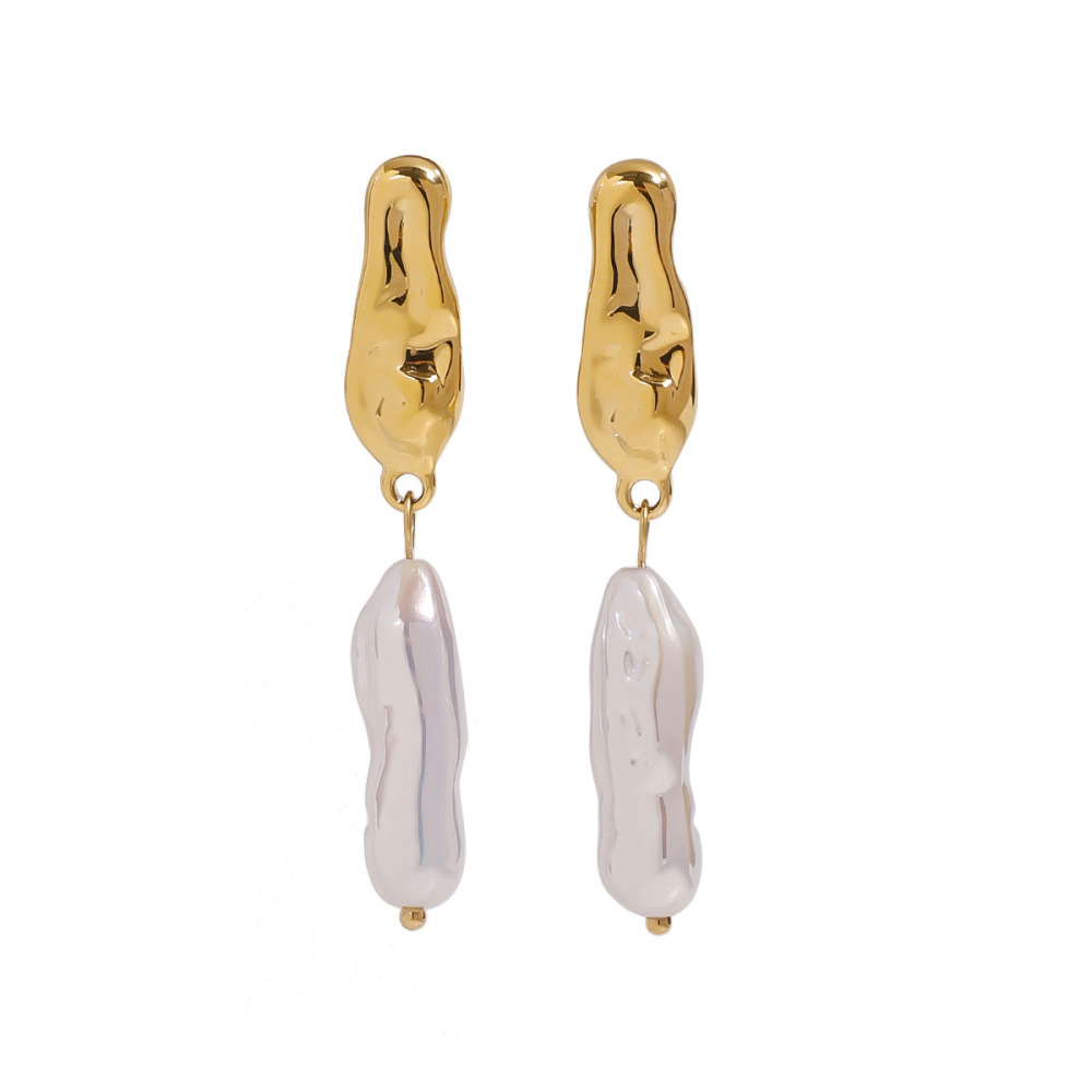 1 Paire De Boucles D'Oreilles Pendantes Ovales En Acier Inoxydable Plaqué Or Pour Femmes, Série Classic , Avec Perles Artificielles h5Image6