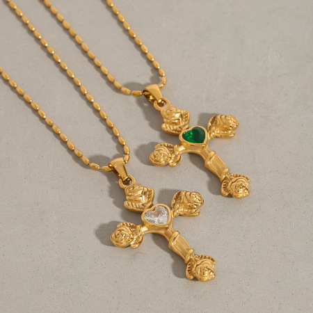 Collier pendentif femme en acier inoxydable doré, étanche, avec croix de Ross, collection luxueuse (1 pièce)