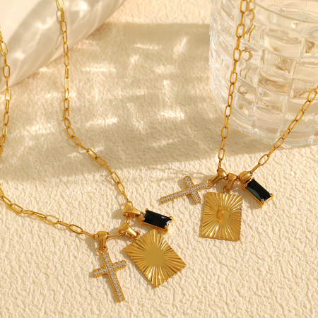 collier avec pendentif croix simple en acier inoxydable plaqué or et zircon pour femme, 1 pièce