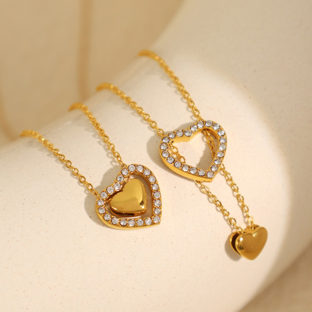 collier avec pendentif en forme de cœur élégant en acier titane plaqué or  et strass pour femme, série romantique, 1 pièce