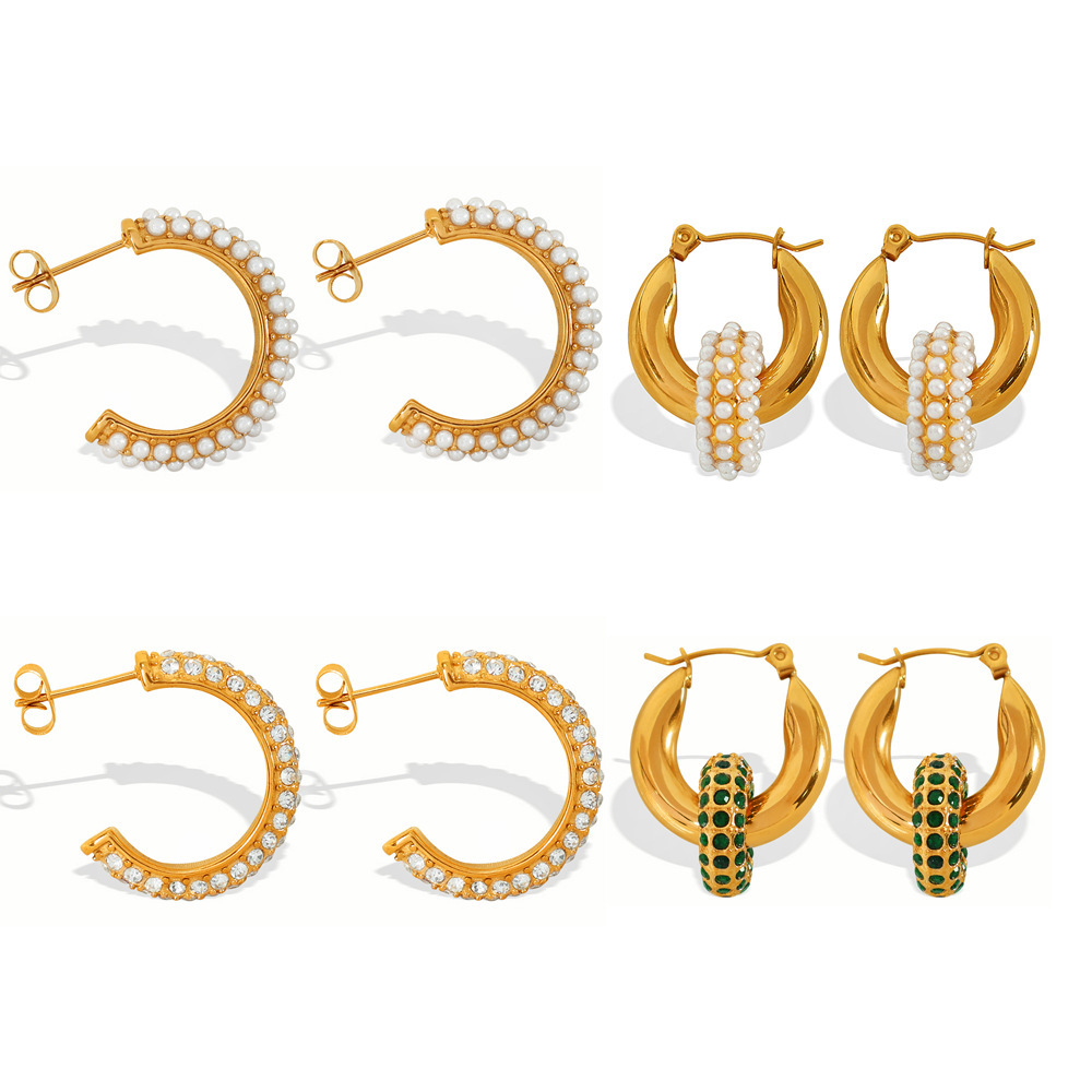 1 Paire De Boucles D'Oreilles Créoles Rétro Géométriques En Acier Inoxydable Plaqué Or  Avec Zircons Pour Femmes Image8