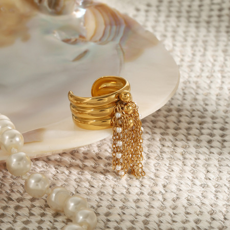 Bague simple pour femme, en acier inoxydable doré, avec pompon décoratif (1 pièce), collection classique. 2