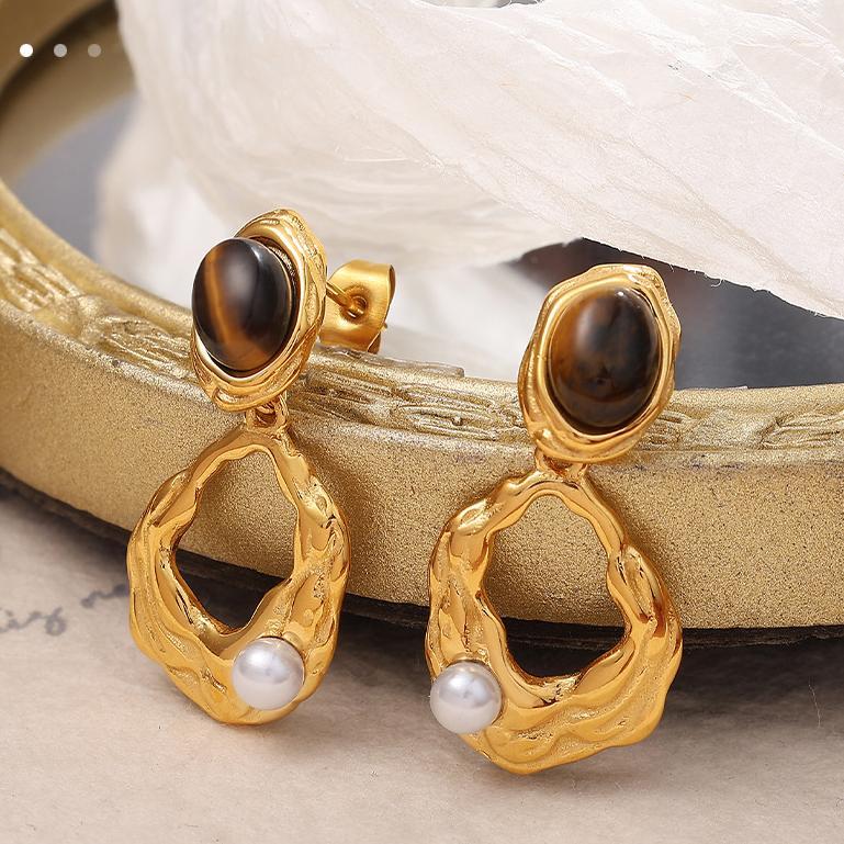 1 Paire De Boucles D'Oreilles Pendantes Géométriques Rétro En Acier Titane Couleur Or Pour Femme, Série Classique Image8