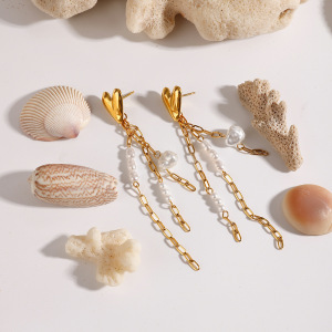 Boucles D'Oreilles Pour Femme, Collection Luxe Sweet Heart, Pompon, En Acier Inoxydable Doré, Imperméables, Ornées De Perles. 1 Paire. h5 Image3