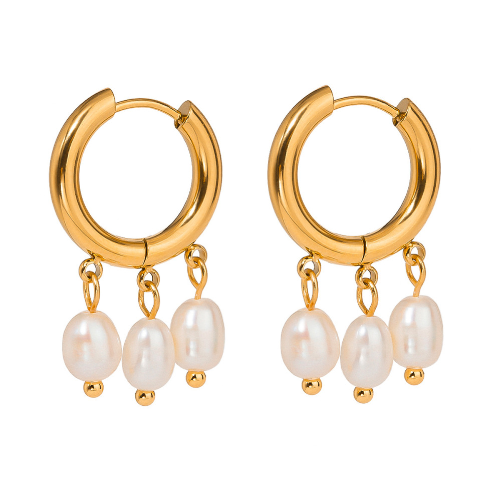 Boucles D'Oreilles Femme Style Rétro, Simples, À Pompons, En Acier Inoxydable Plaqué Or Et Perles Artificielles. Image6