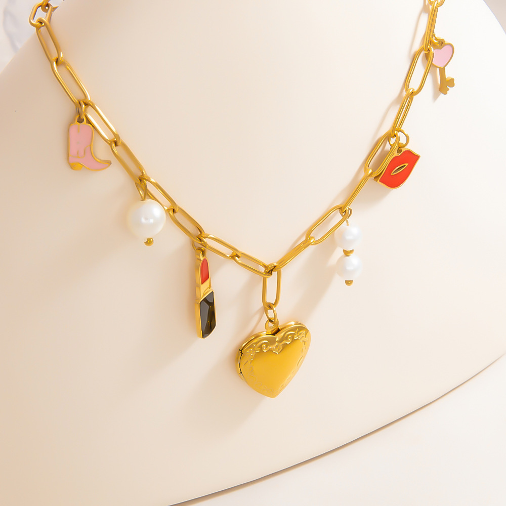 Collier Avec Pendentif En Forme De Cœur Classique En Acier Inoxydable Plaqué Or , Série Romantique, Pour Femme, Avec Perles Artificielles Image6
