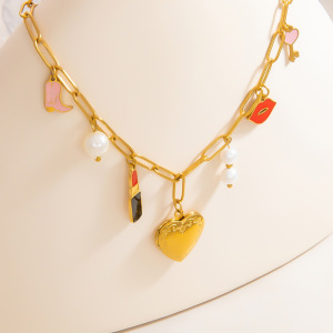 Collier Avec Pendentif En Forme De Cœur Classique En Acier Inoxydable Plaqué Or , Série Romantique, Pour Femme, Avec Perles Artificielles h5 Image6